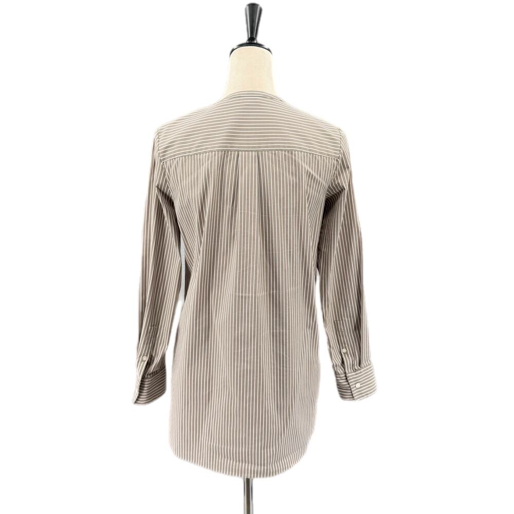 Theory Beige & White Vertical Striped Half Button Down Round Neck Cotton Blouse - Picture 2 of 12